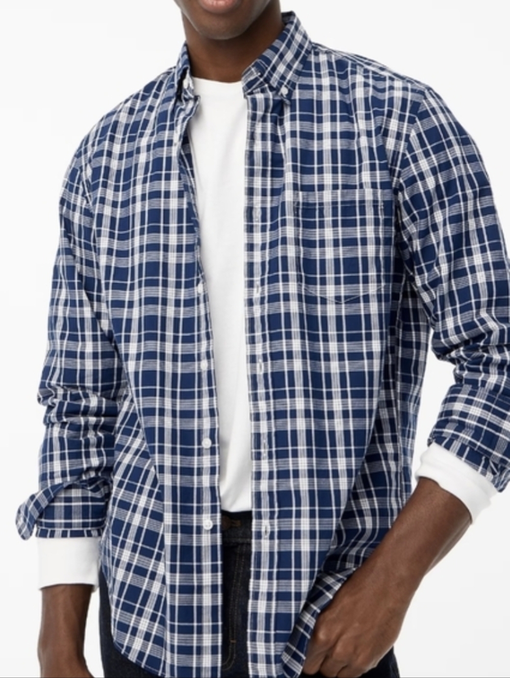 J. Crew Slim Untucked Flex Washed Navy Blue White Plaid Button Down Shirt XL NEW